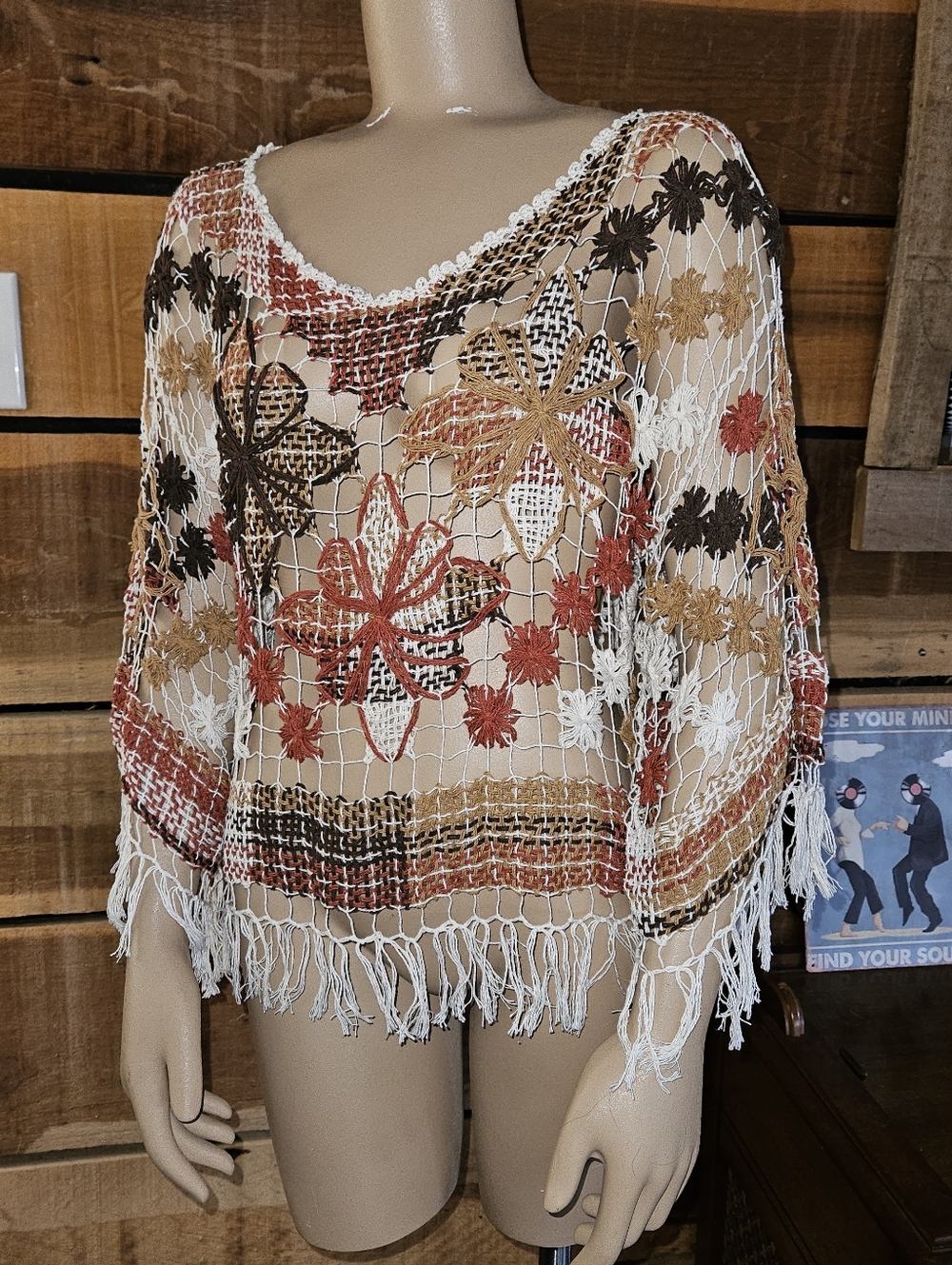 Boho Open Knit Crochet Cream With Brown & Rust Floral Applique Fringe Hem Fairy